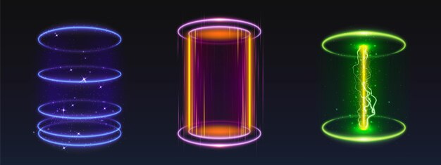 Portales de luz redondos aislados en fondo negro Ilustración vectorial realista de neón futurista azul amarillo verde hologramas para el diseño de la interfaz de juego chispas efecto de rayo de teletransporte digital