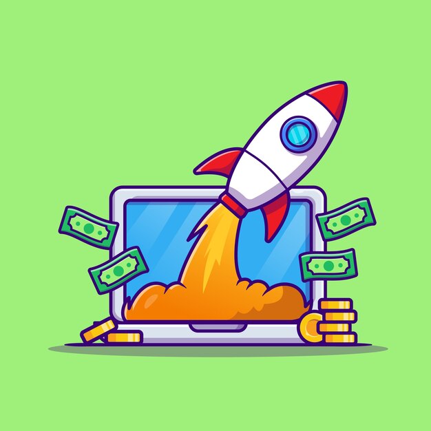 Portátil con dinero y cohete Cartoon Vector icono ilustración. Icono de negocio de tecnología