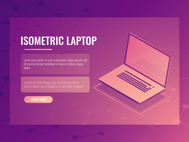 Portátil isométrico abierto, banner de tecnología digital de computadora, resumen de antecedentes