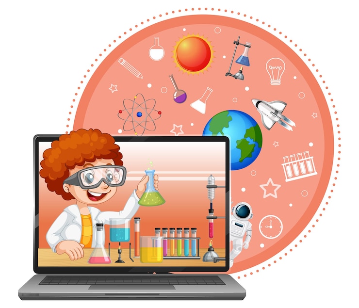Vector gratuito portátil con personaje de dibujos animados de niño científico