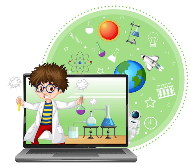 Vector gratuito portátil con personaje de dibujos animados de niño científico