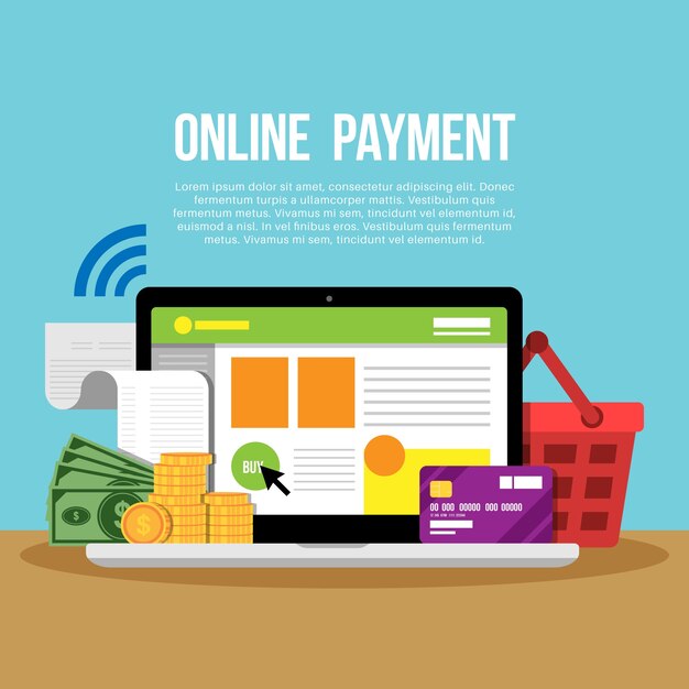 Portátil plano y elementos de pago online