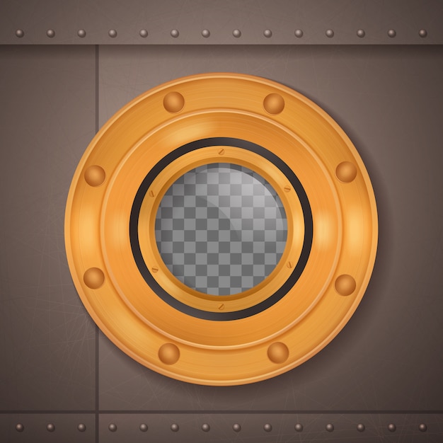 Vector gratuito portilla de oro portilla de composición realista 3d en un barco o un submarino