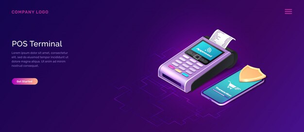 POS terminal banner de seguridad, concepto de negocio isométrico