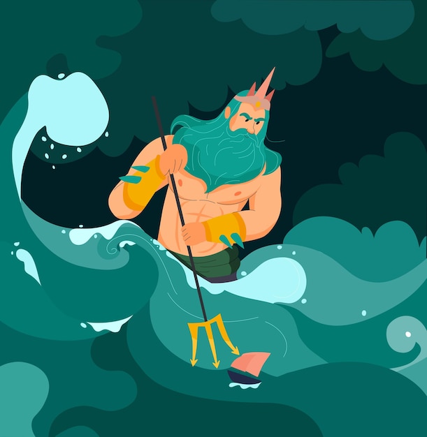 Vector gratuito poseidón dios griego del mar con ilustración de dibujos animados de tridente