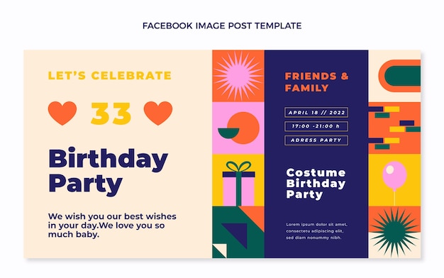 Post de facebook de cumpleaños de mosaico de diseño plano