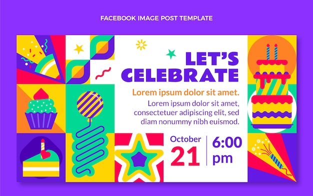 Vector gratuito post de facebook de cumpleaños de mosaico de diseño plano