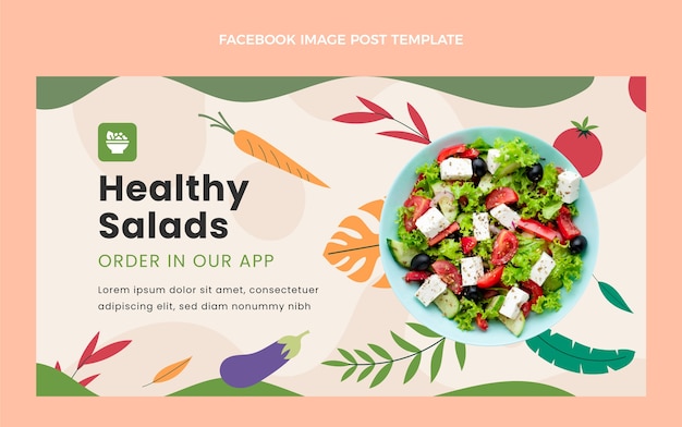 Vector gratuito post de facebook de ensaladas saludables de diseño plano