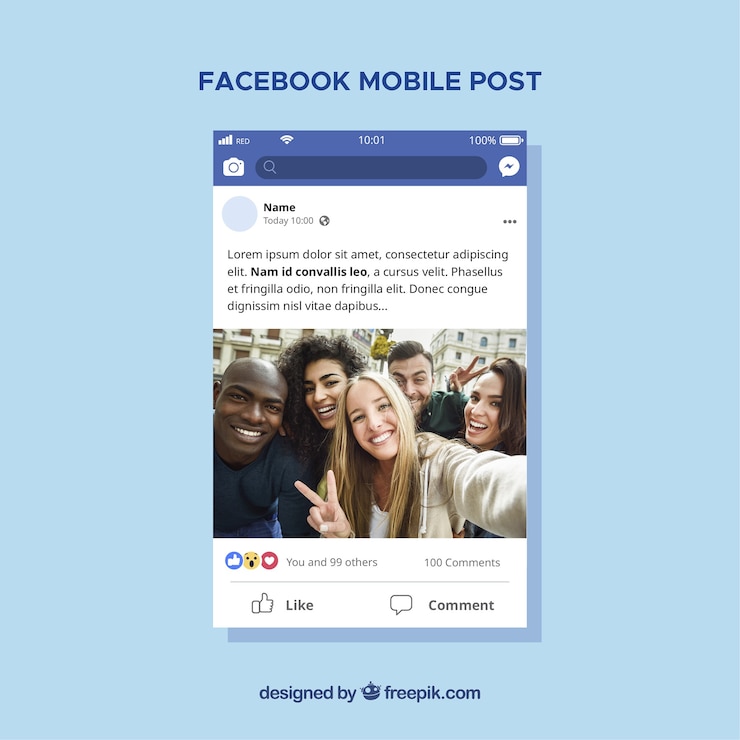 Vector gratuito post de facebook en el móvil con diseño plano