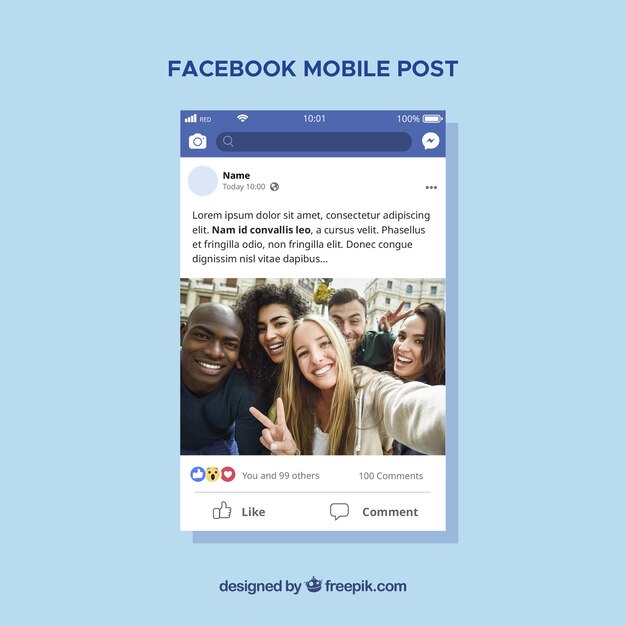 Post de facebook en el móvil con diseño plano
