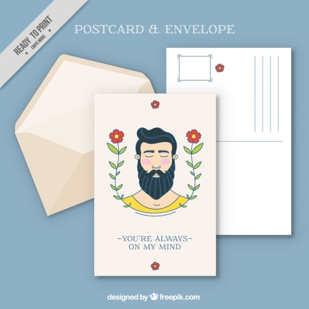 Postal bonita con hombre y decoración floral