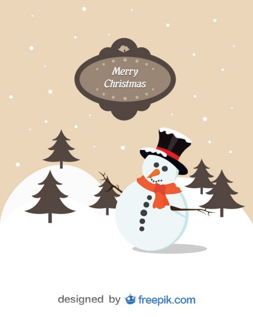 Postal de Feliz Navidad de un muñeco de nieve en el bosque
