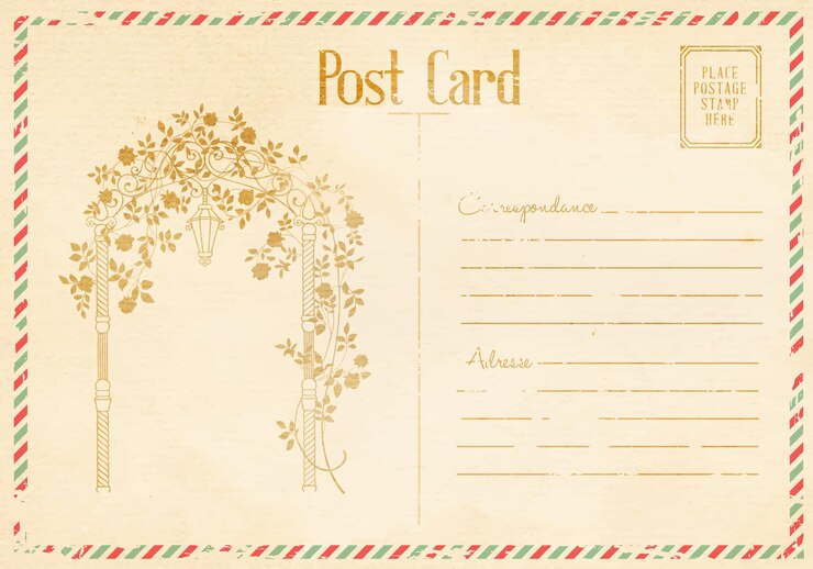 Postal floral vintage con arco de rosas.