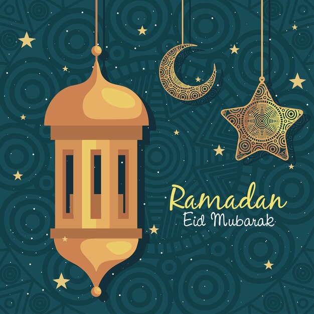 postal de letras de ramadán kareem con lámpara