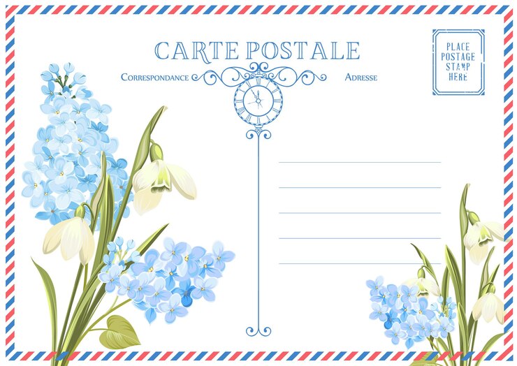 Postal con sellos postales y flores. Ilustración vectorial.