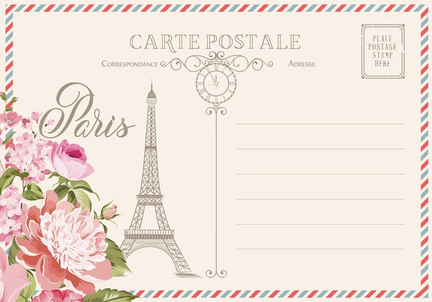 Postal con sellos postales y flores.
