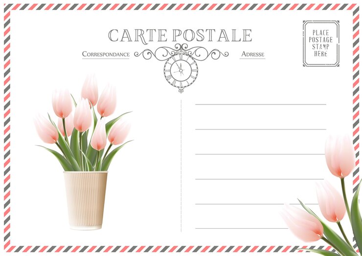 Postal con sellos postales y flores.