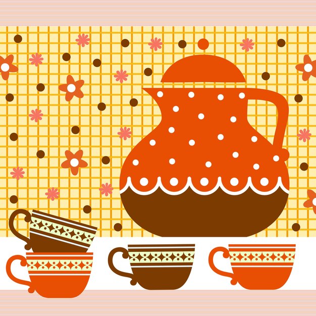 Postal tetera y tazas. Patrón de cocina.
