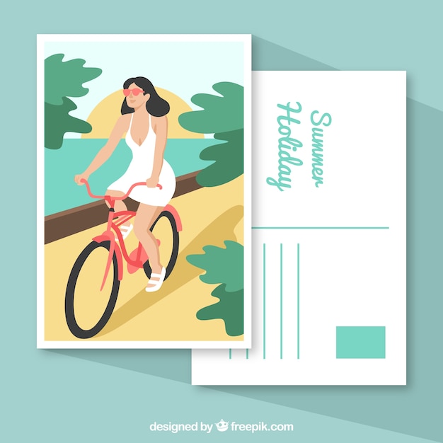 Vector gratuito postal de vacaciones de verano con chica montando una bicicleta