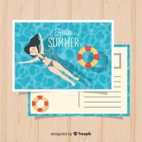 Vector gratuito postal vacaciones de verano chica relajándose en la piscina