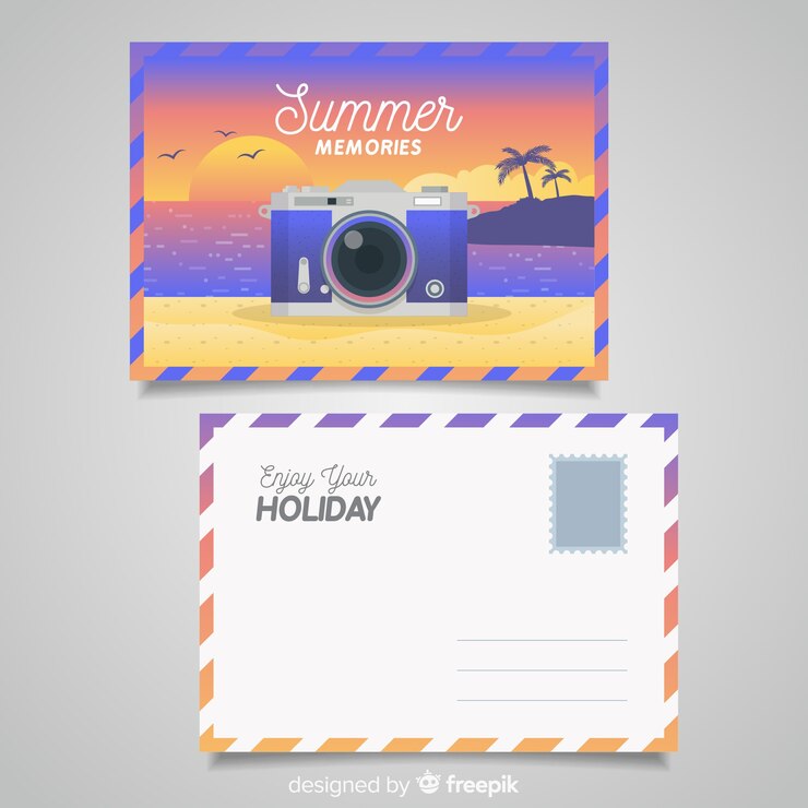 Vector gratuito postal de vacaciones de verano en diseño plano