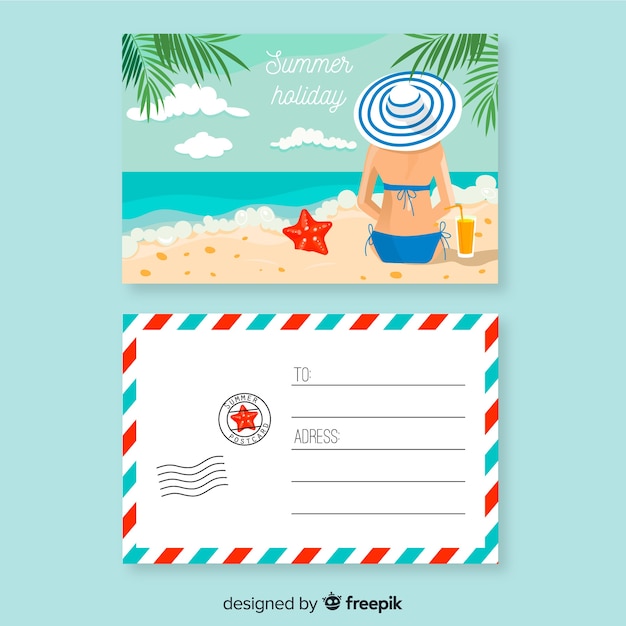 Postal de vacaciones de verano en diseño plano