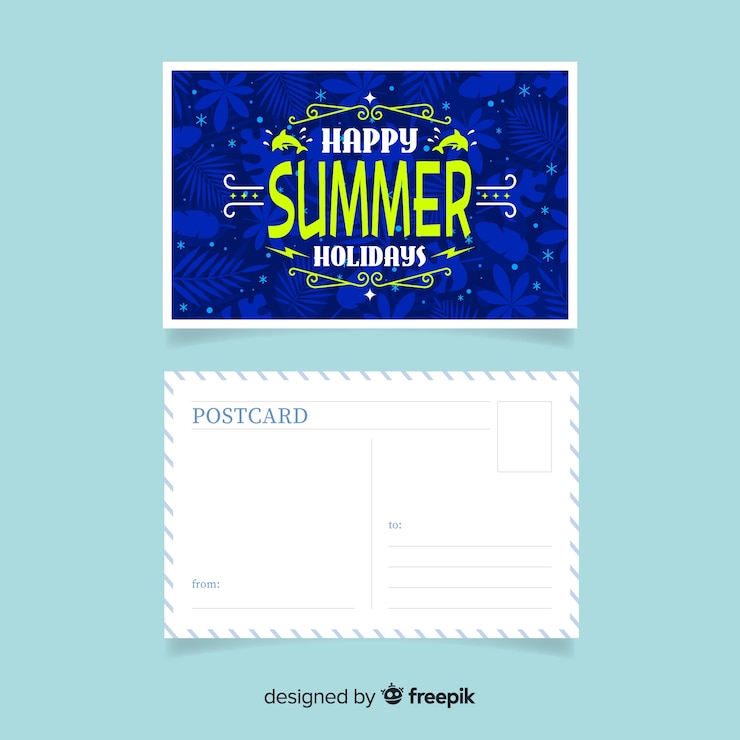 Vector gratuito postal de vacaciones de verano en diseño plano