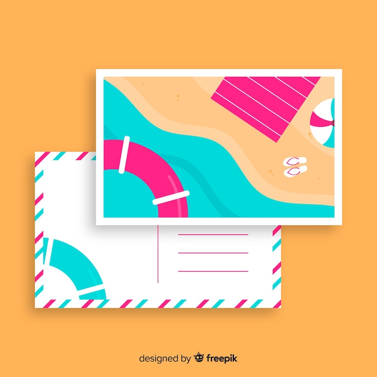Vector gratuito postal de vacaciones de verano en diseño plano