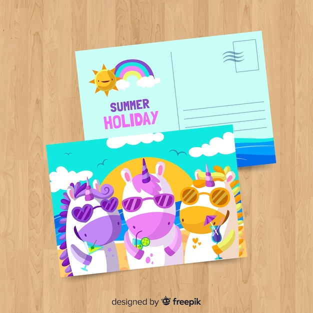 Postal verano unicornios dibujados a mano