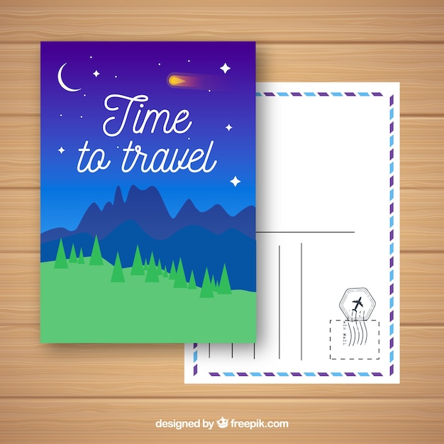 Vector gratuito postal de viaje con bosque de noche