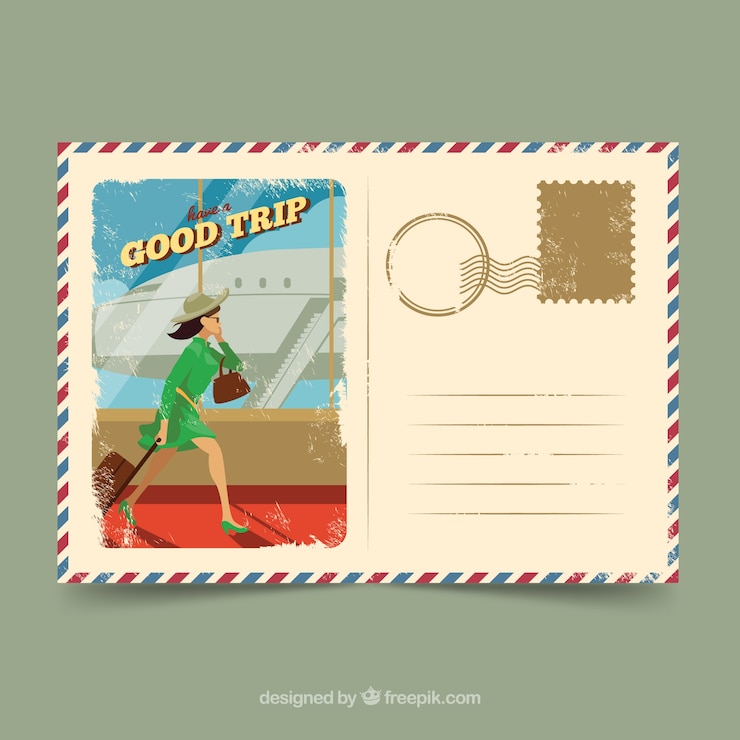 Vector gratuito postal de viaje en diseño plano