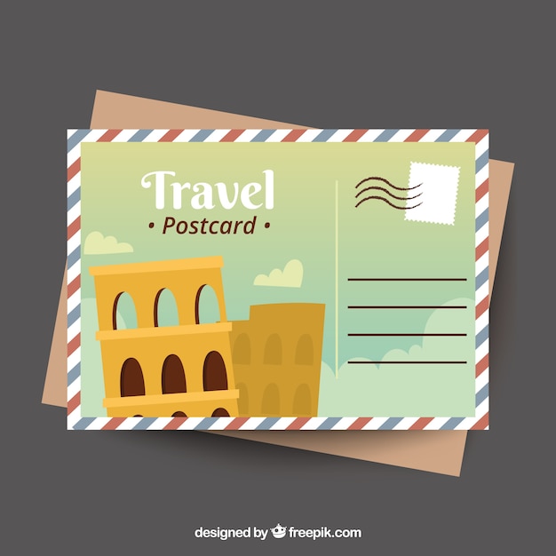 Vector gratuito postal de viaje con edificios en estilo hecho a mano