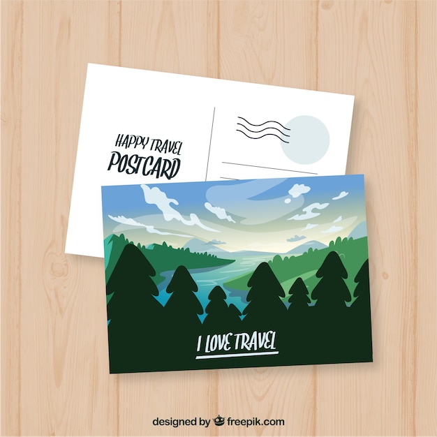 Vector gratuito postal de viaje con paisaje natural en estilo plano