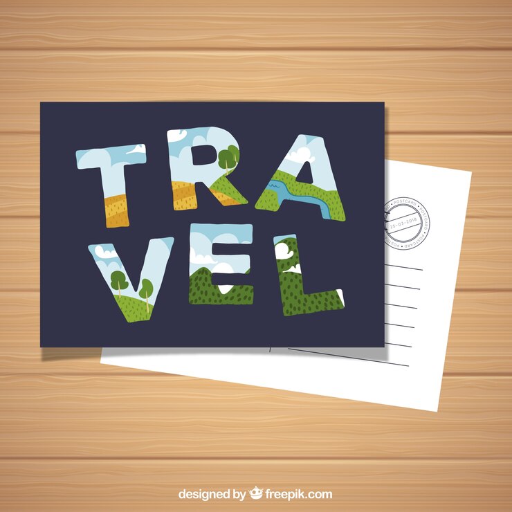 Vector gratuito postal de viaje con tipografía en estilo plano