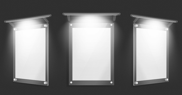 Póster de acrílico, marco de vidrio en blanco con iluminación para colgar en la pared aislada sobre fondo negro