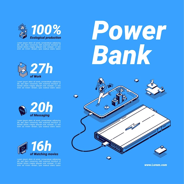 Póster de banco de energía. batería externa, cargador portátil para teléfono móvil y dispositivos digitales.