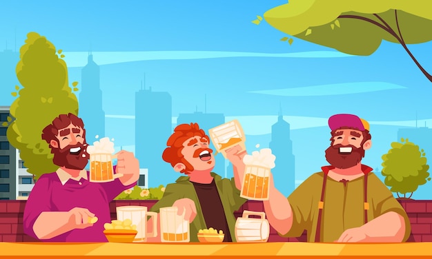 Vector gratuito poster de dibujos animados de cerveza con machos felices bebiendo al aire libre ilustración vectorial