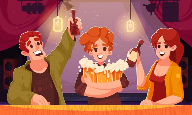 Poster de dibujos animados de cerveza con personas felices bebiendo en un pub Ilustración vectorial