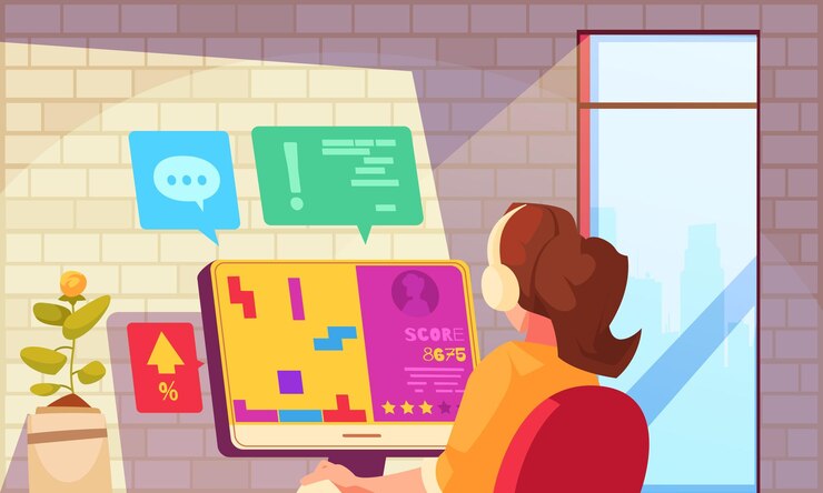 Vector gratuito poster de dibujos animados de gamificación con una mujer jugando en una ilustración vectorial de computadora de escritorio