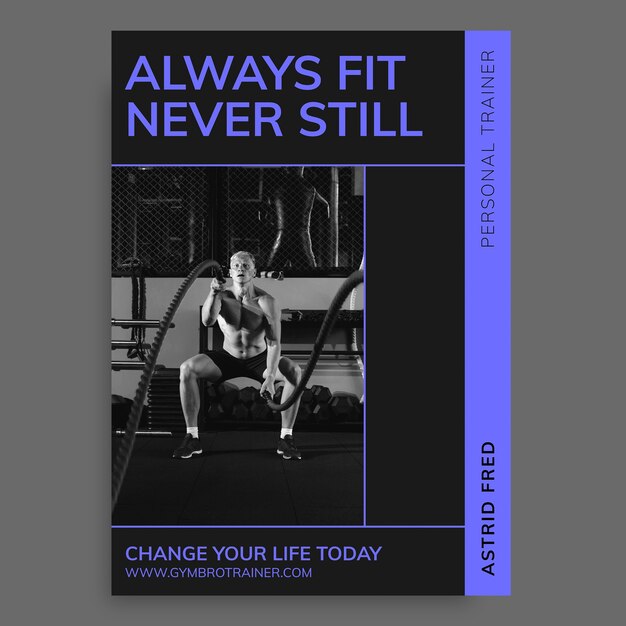 Póster de entrenador personal moderno siempre en forma, nunca quieto