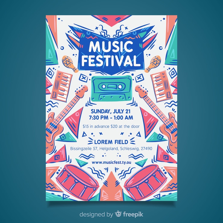 Vector gratuito poster de festival de música dibujado a mano
