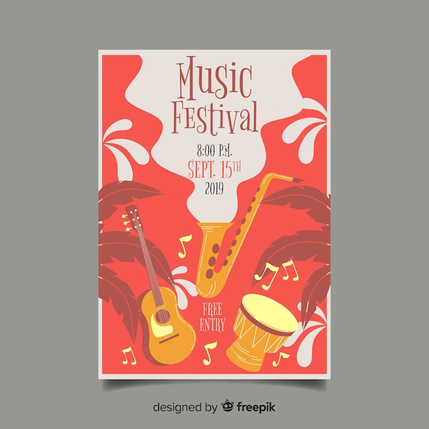 Vector gratuito poster de festival de música dibujado a mano