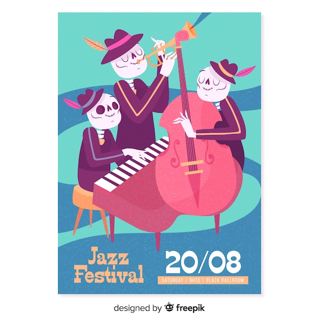 Póster festival música jazz esqueletos dibujados a mano