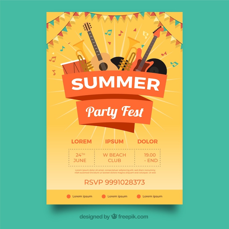 Vector gratuito poster de fiesta de festival con instrumentos