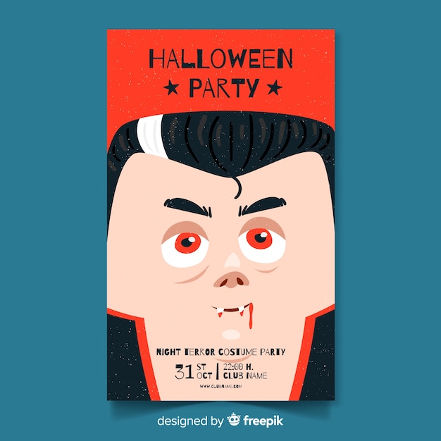 Vector gratuito póster de fiesta de halloween con vampiro dibujado a mano