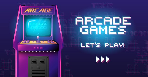 Poster horizontal realista de juegos de arcade con texto ornamentado de estilo 8bit y vista de la ilustración vectorial de la máquina de juegos retro