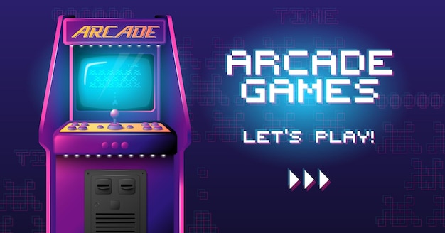 Poster horizontal realista de juegos de arcade con texto ornamentado de estilo 8bit y vista de la ilustración vectorial de la máquina de juegos retro