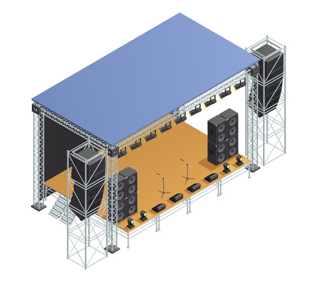 Póster con imagen isométrica de escenario, construcción metálica con altavoces, micrófonos, proyectores y