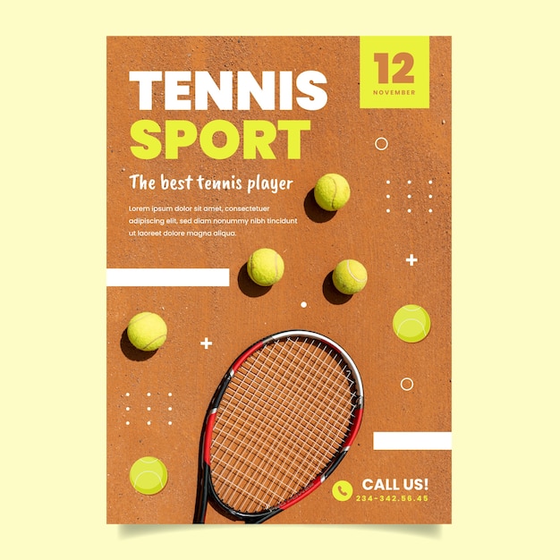 Vector gratuito póster de lecciones de tenis de diseño plano