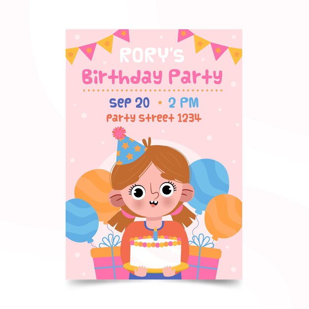 Póster linda chica sosteniendo pastel y rodeada de globos